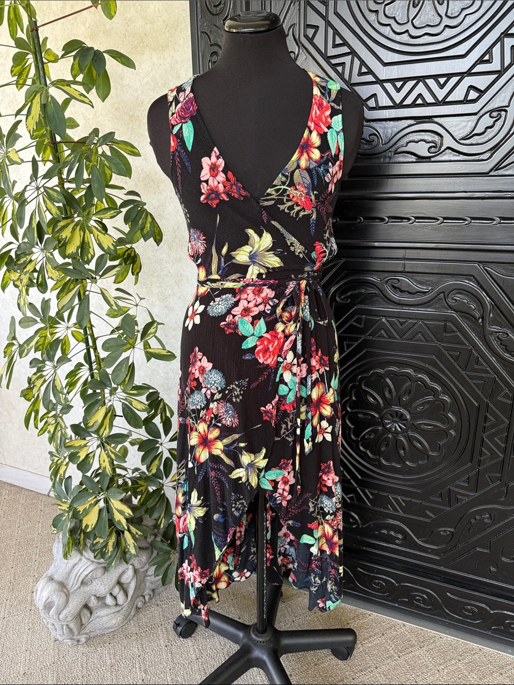 Dance & Marvel Black Floral High-Low Wrap Dress